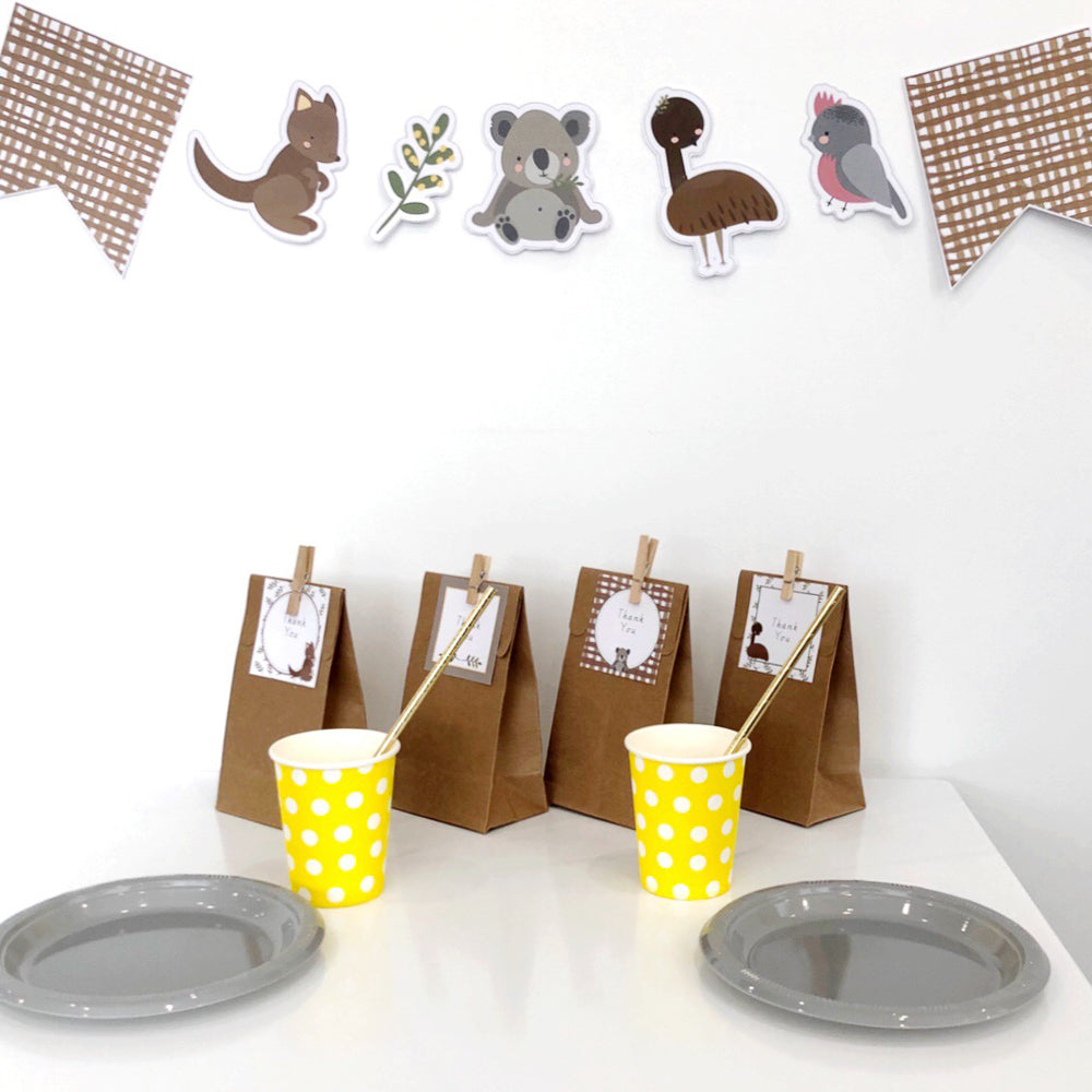 Australian Cuties Party Decor Bundle set up on table display - The Printable Place