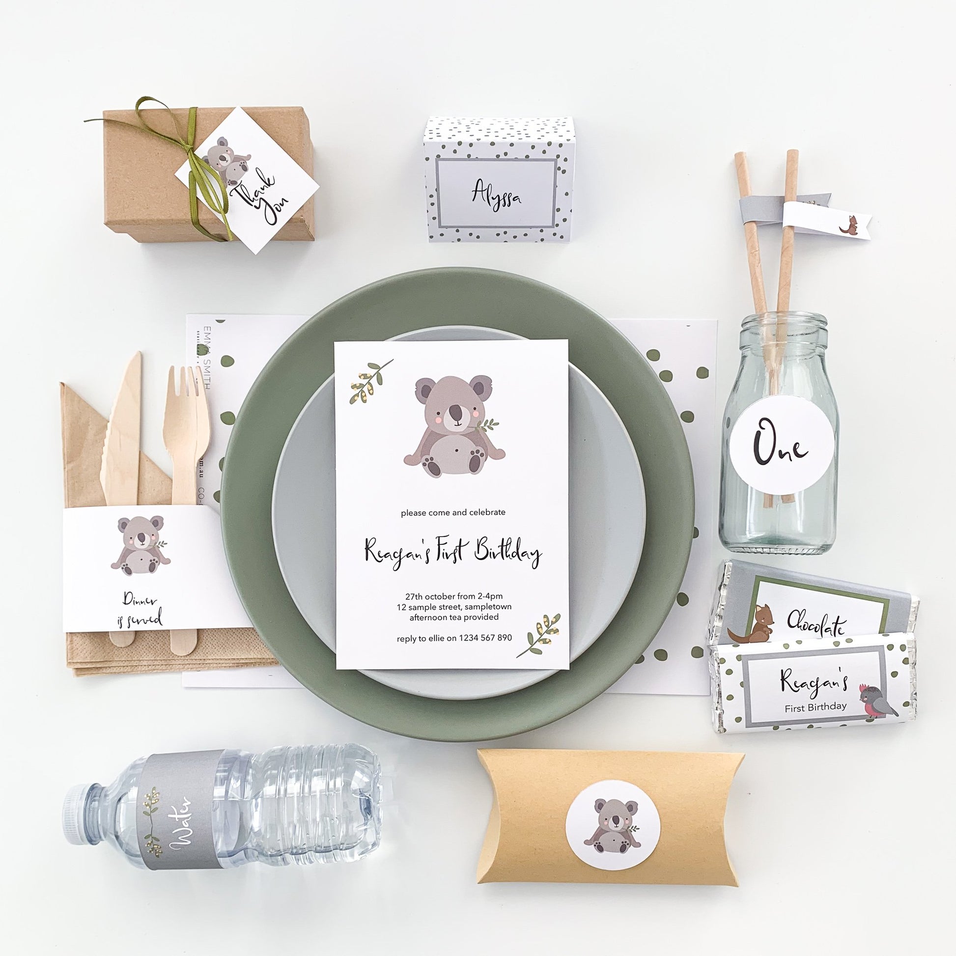 Aussie Cuties Printable Invitation with Koala printed out and displayed on products- The Printable Place