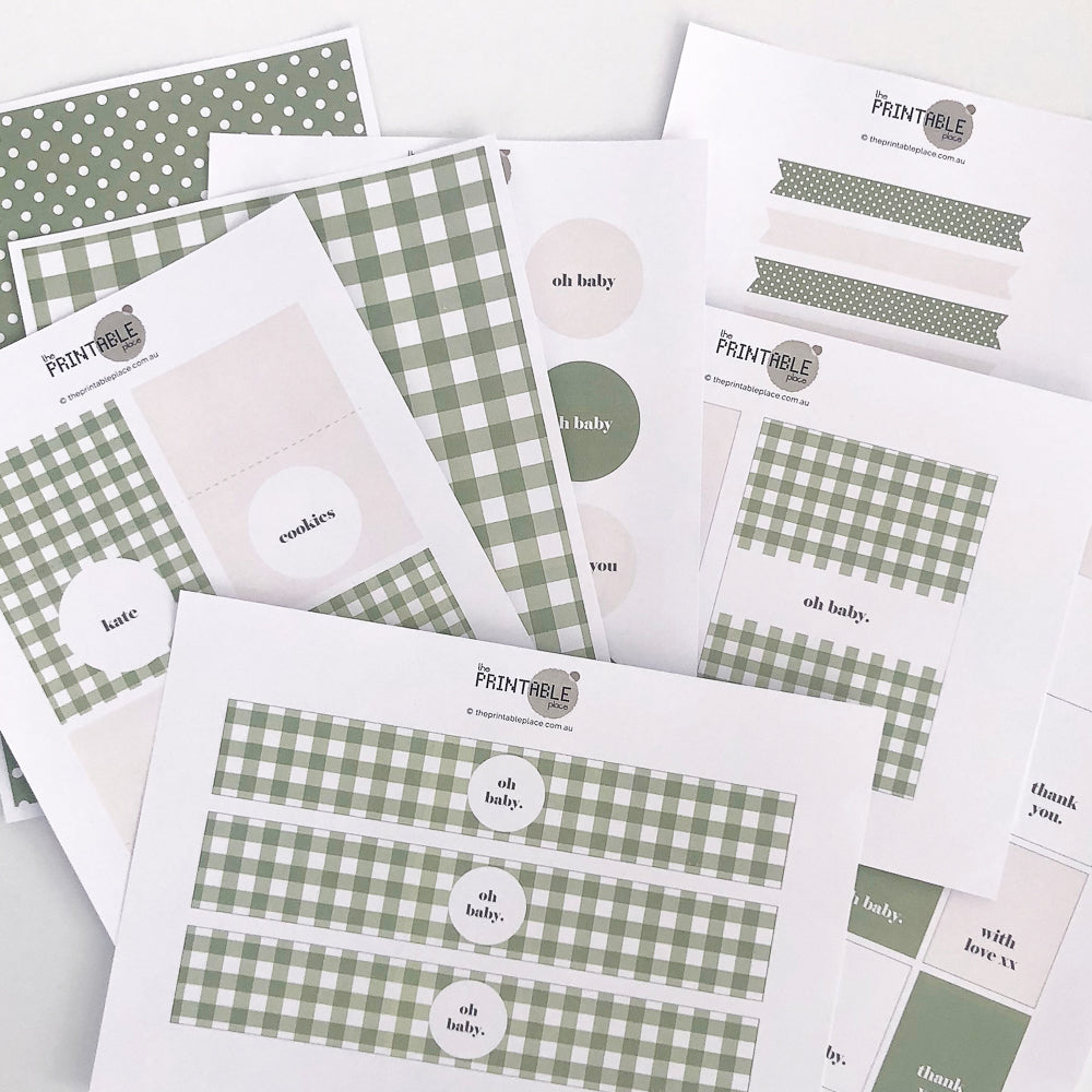 Sage Green Gingham Party Decorations - The Printable Place
