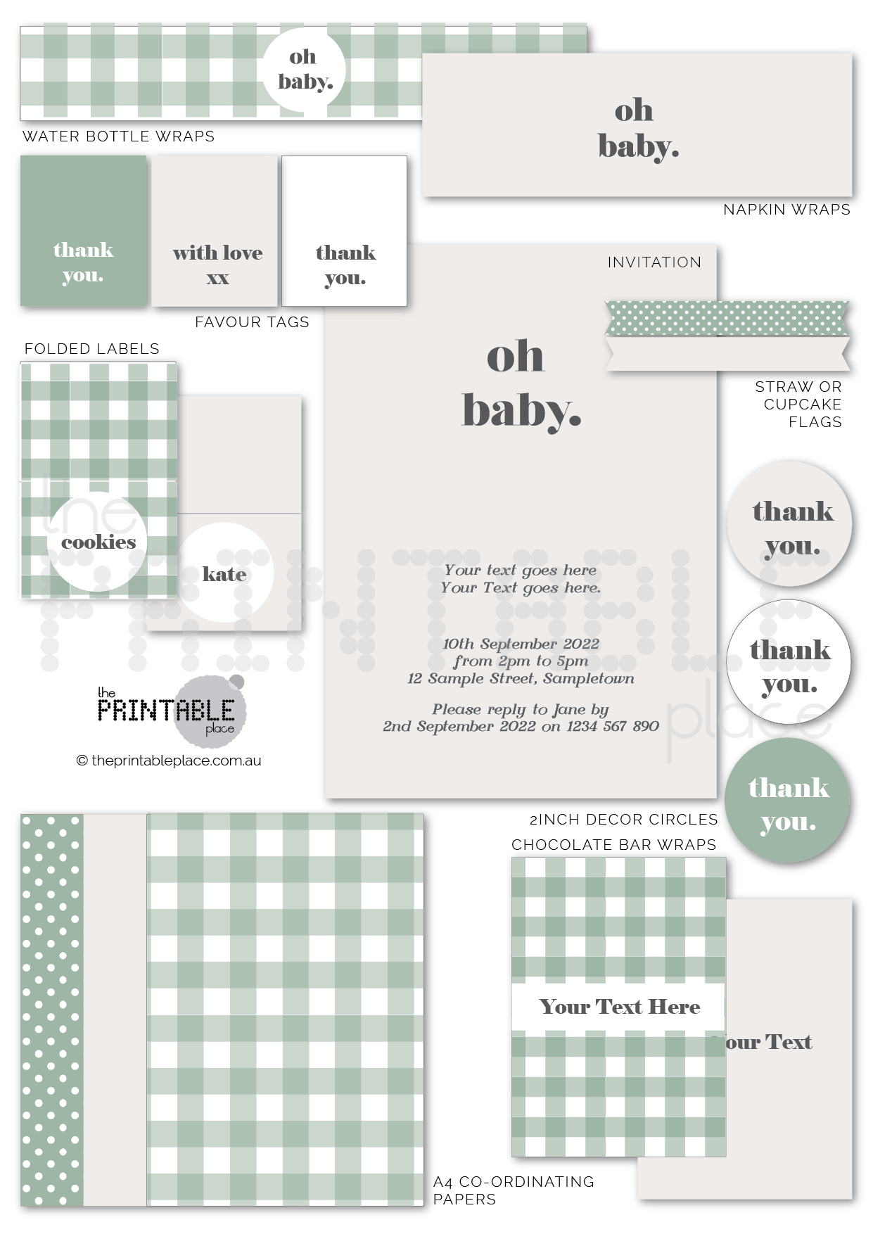 Gingham Party Decorations Bundle in Sage Green - The Printable Place