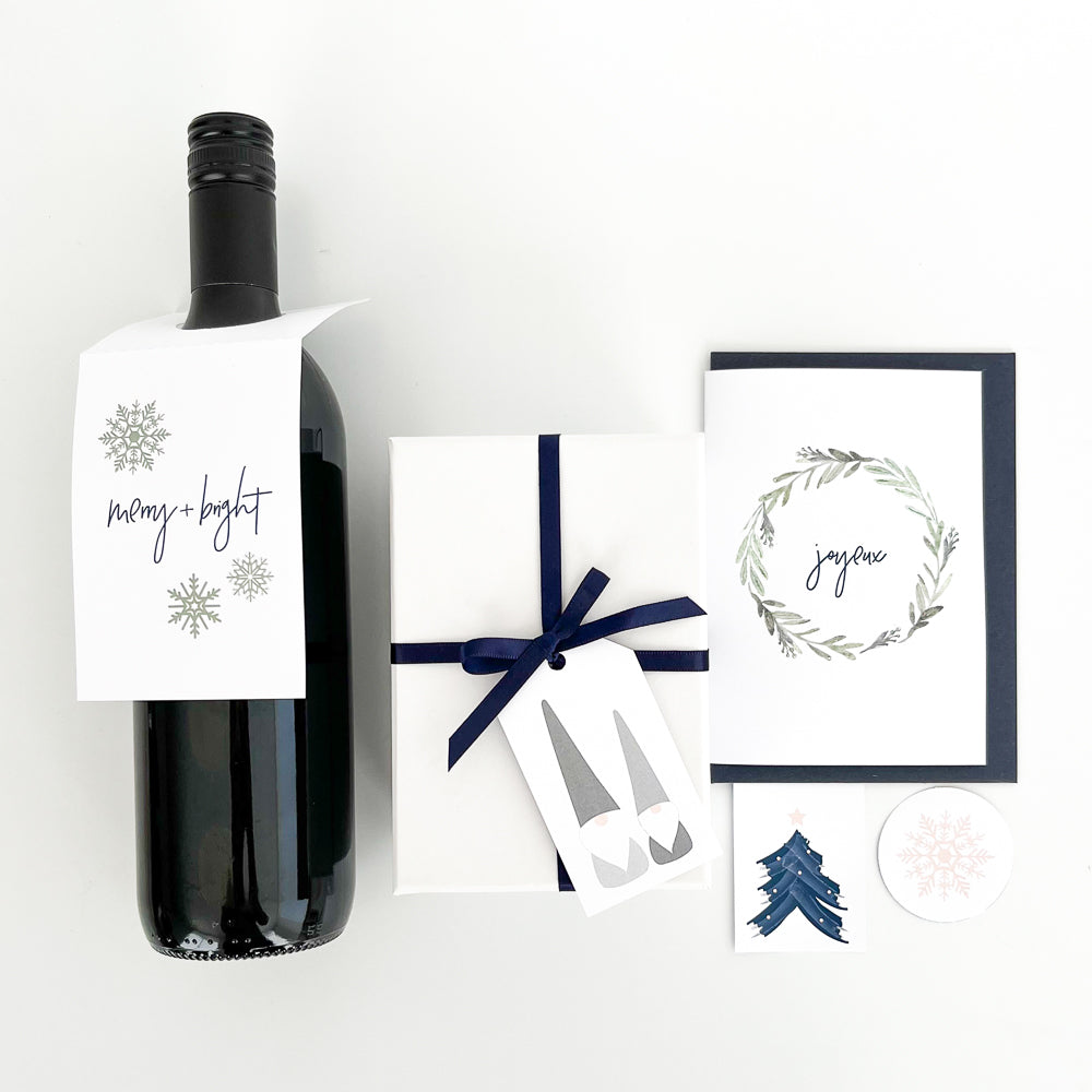 Christmas Nordic Gift Set Sage Green and Navy Printable Gift Card and Wine Label Download - The Printable Place